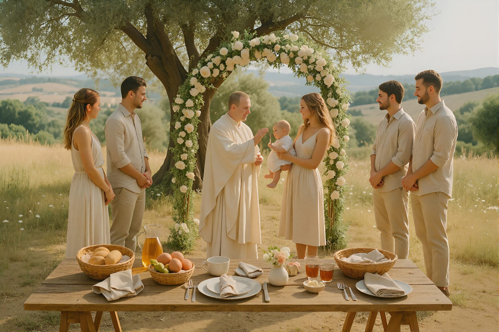 Baptism in nature with floral arch and organic brunch