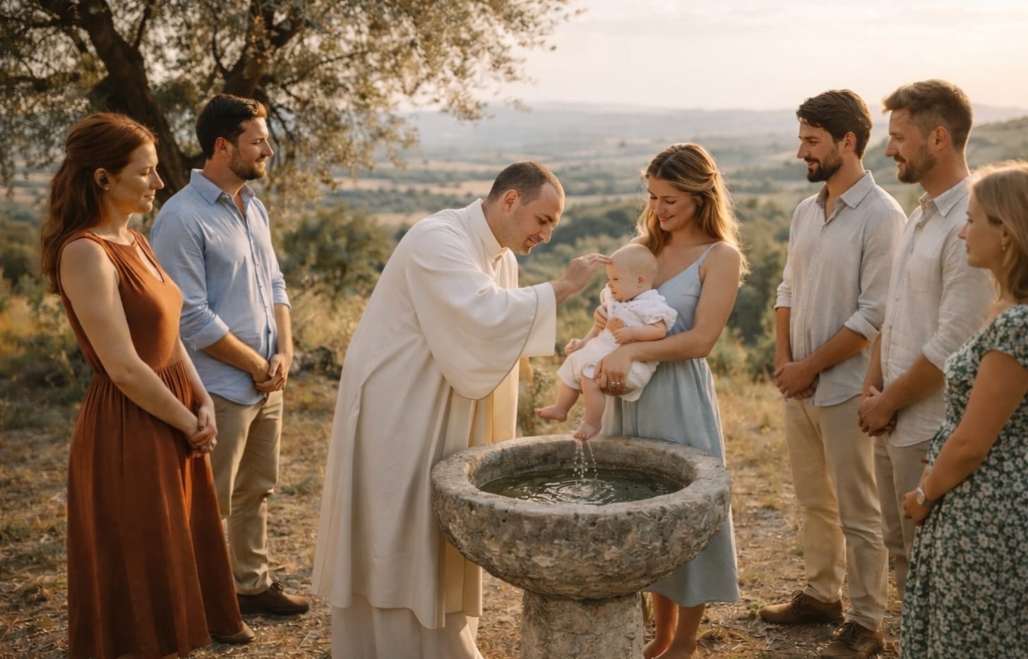 Battesimo spirituale nella natura con arco floreale e brunch biologico